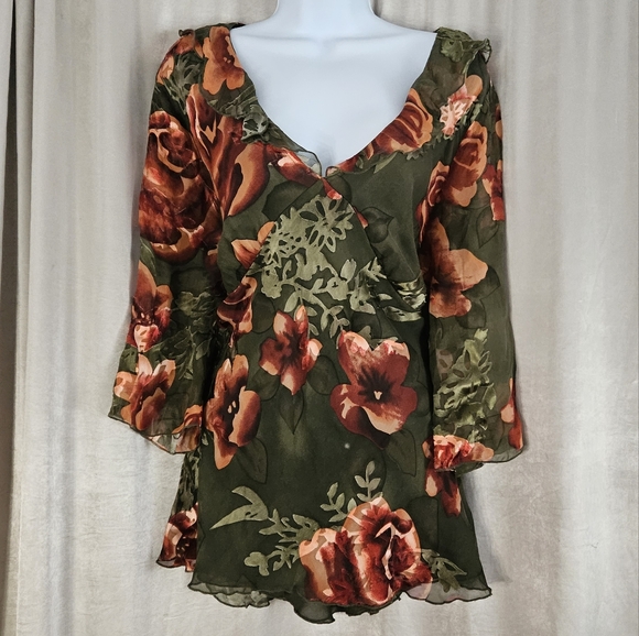 NWOT JohnPaulRichard green & orange floral silk blouse top Womens Large - Picture 6 of 6